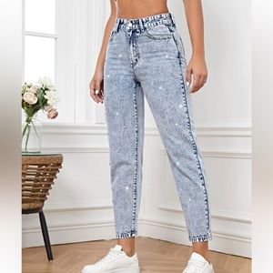 Never been worn, rhinestoned jeans.
